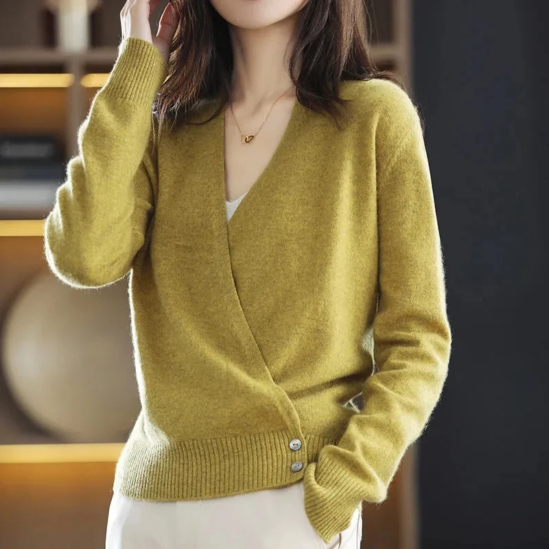 Spring And Autumn New V-Neck Loose Knit Sweater Thin Casual Fashion Long Sleeve Top Solid Color Slim Fit Women\'S Cardigan