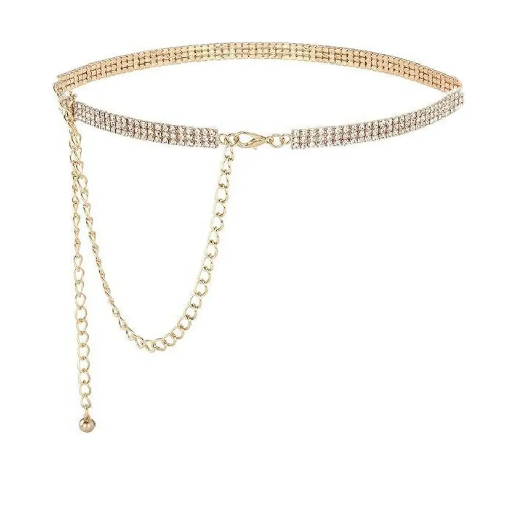 Fashion Bling Zircon Inlaid Waist Belt 3 Rows Long Chain Rhinestone Waistband Adjustable Waist Strap Crystal Waist Chain Party