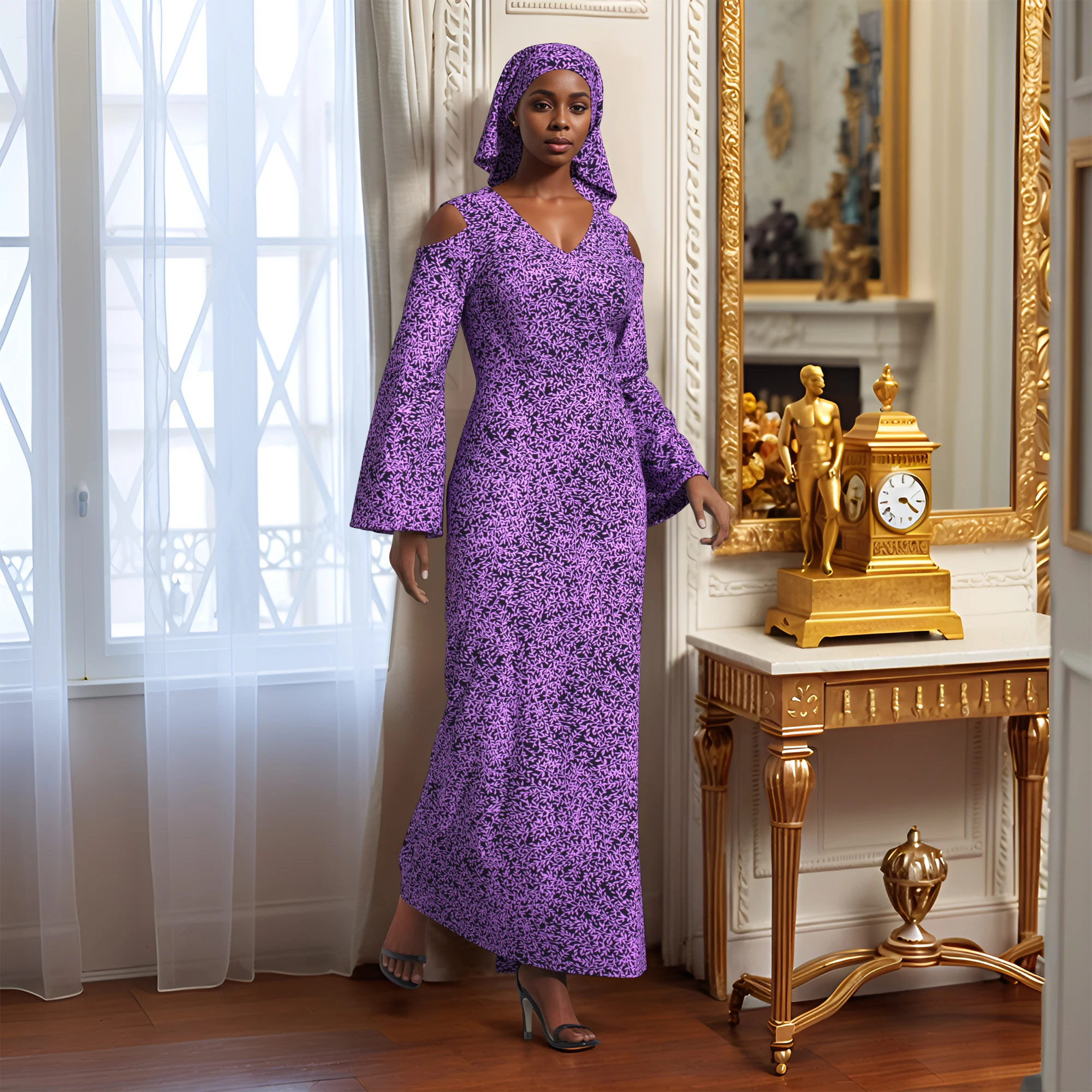 

African Dresses for Women Dashiki Kente Long Sleeve Cotton Wax Sexy V Neck Maxi Long Dress for Ladies Africa Clothes Wy11153
