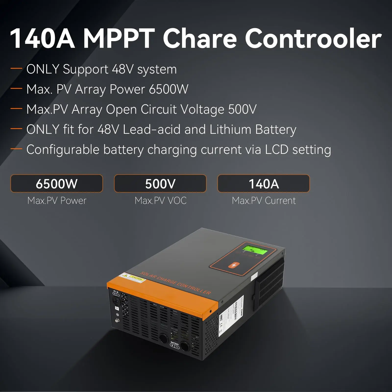 PowMr 140A MPPT Solar Charge Controller LCD Display Work for 24V 48V Lithium Lead Acid Battery With Solar Panel 60~500VDC Input