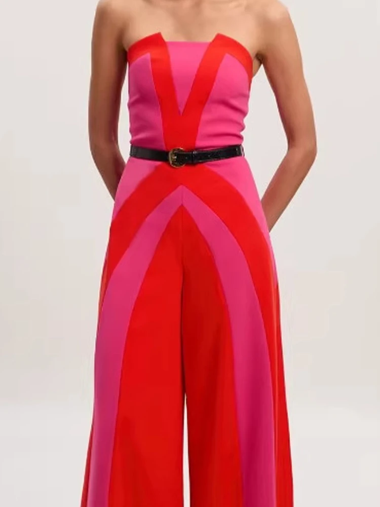 

Элегантный комбинезон с высокой талией и цветными блоками, женский сексуальный комбинезон без рукавов с открытой спиной и длинными брюками, элегантный полый комбинезон с открытыми плечами