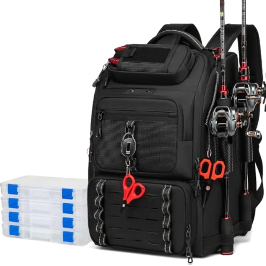 

Fishing Tackle Backpack 40L with 2 Rod Holders Water-Resistant Large Storage Black Fishing Gear and Equipment Including 4 Tackl