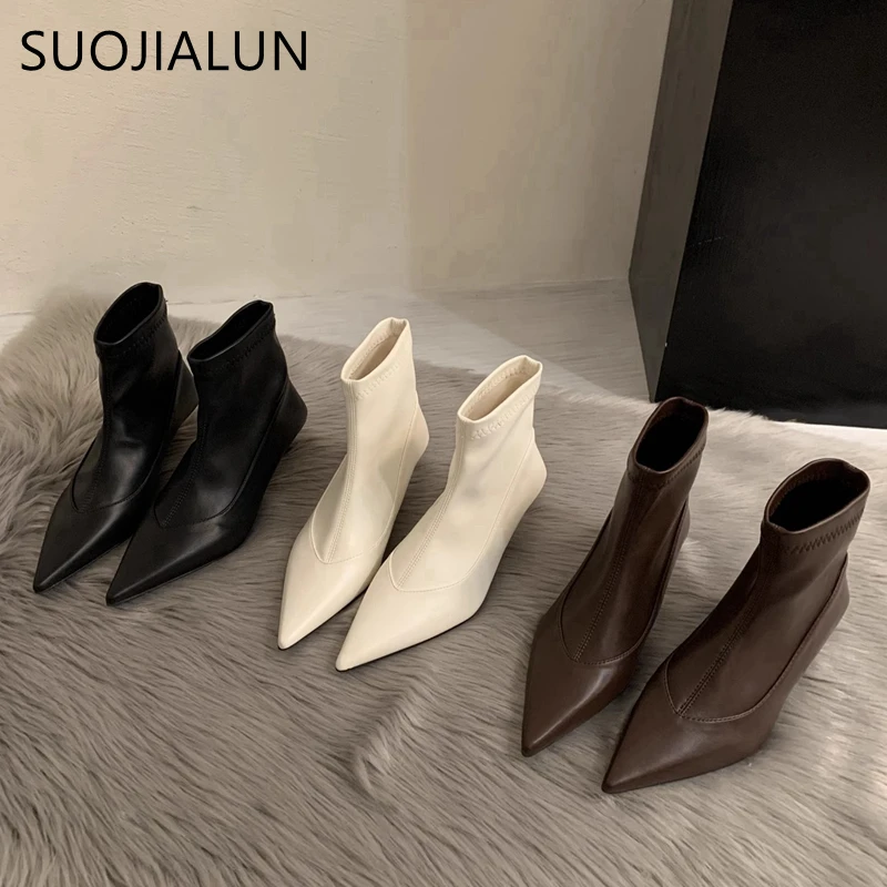 SUOJIALUN 2024 New Brand Women Ankle Boots Fashion Pointed Toe Slip On Ladies Elegant Short Boots Thin High Heel Dress Pumps Sho