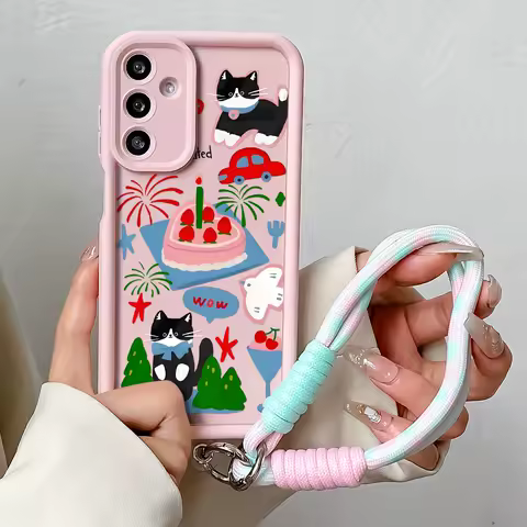 Wrist Chain Lanyard Phone Case For Samsung S25 S24 S23 S22 S21 Plus Ultra S20 FE A31 21s 12 06 50 11 05 Cartoon Pattern Cover