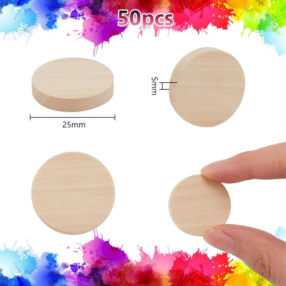 50pcs 1 Inch Unfinished Beech Wood Craft Circle Cutouts Round Wooden Thick Circles Slices Blank Wood Ornaments Decor