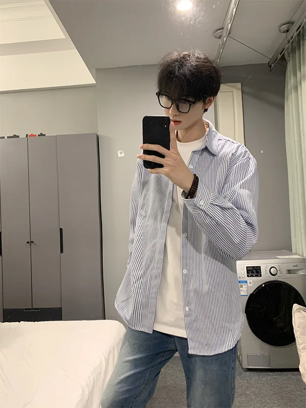 

Cleanfit Blue Striped Casual Shirt Long Sleeve Youthful Style Spring Outerwear Loose Fit Fashionable Trendy Summer Outerwear