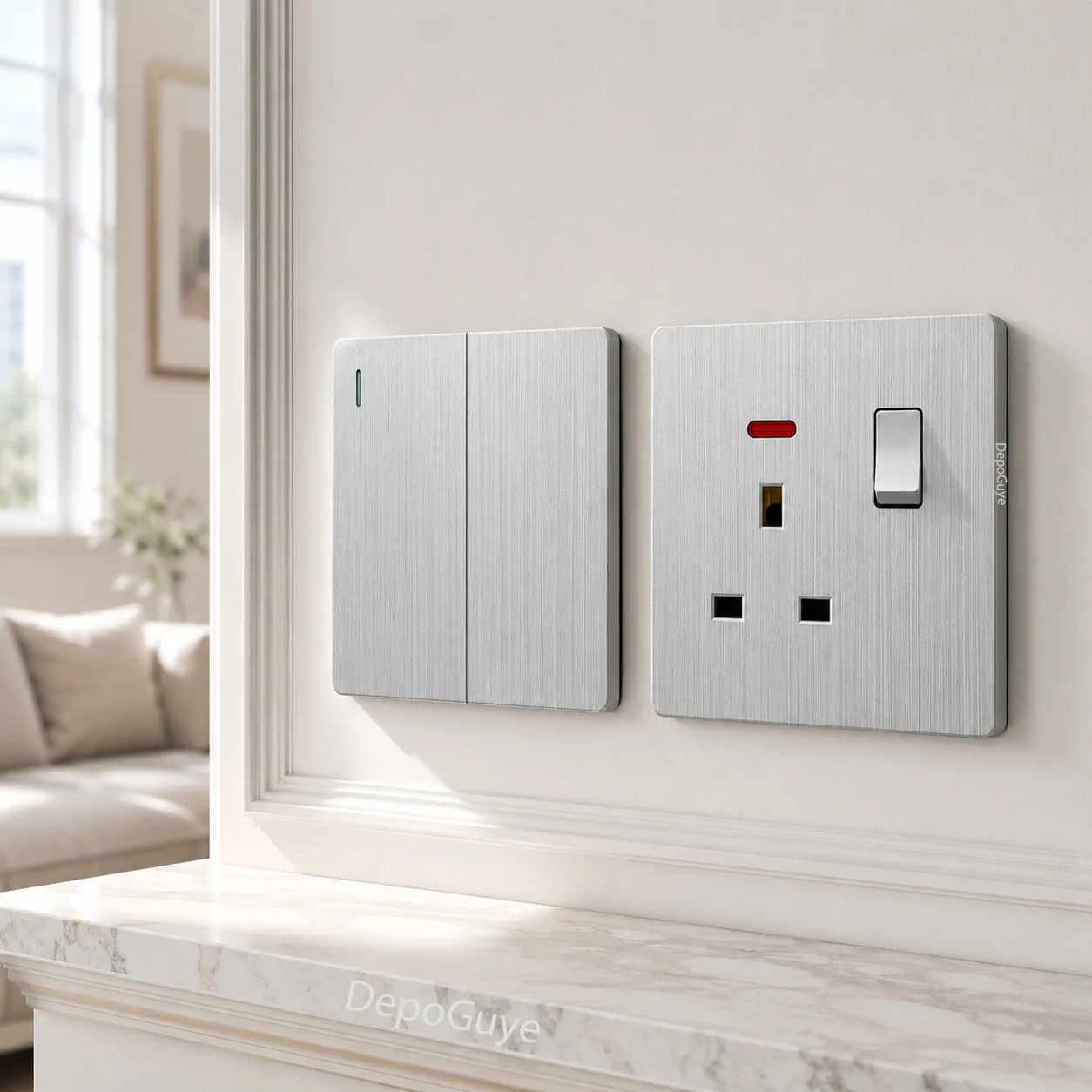 UK Standard Silver-Gray Wall Switch, Universal Dual 3pin Socket, Ultra Thin EU FR Switch 1/2/3/4Gang 1/2Way Button Light Switch image 5
