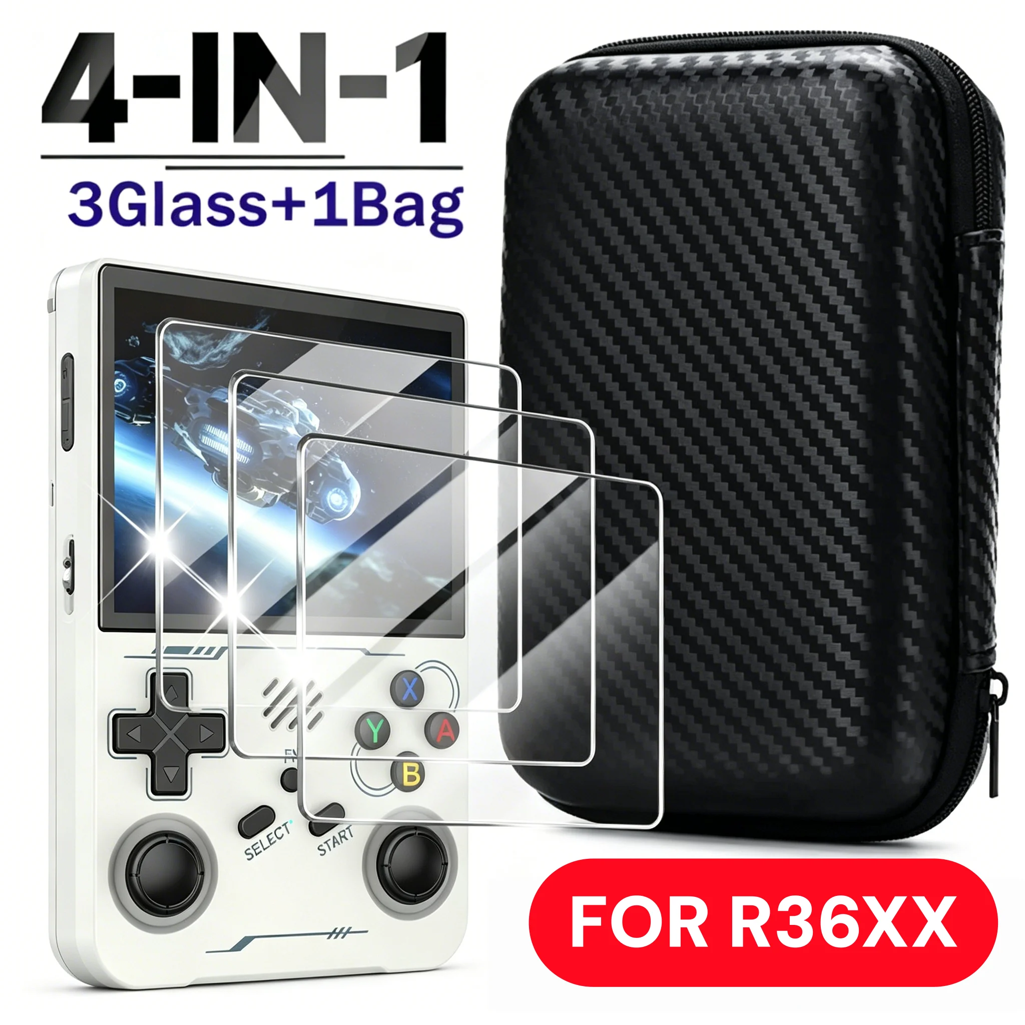 4 IN 1 Glas+Tasche für R36XX Spielekonsole, Aufbewahrungstasche und Displayschutzfolien aus gehärtetem Glas für Spielzubehör