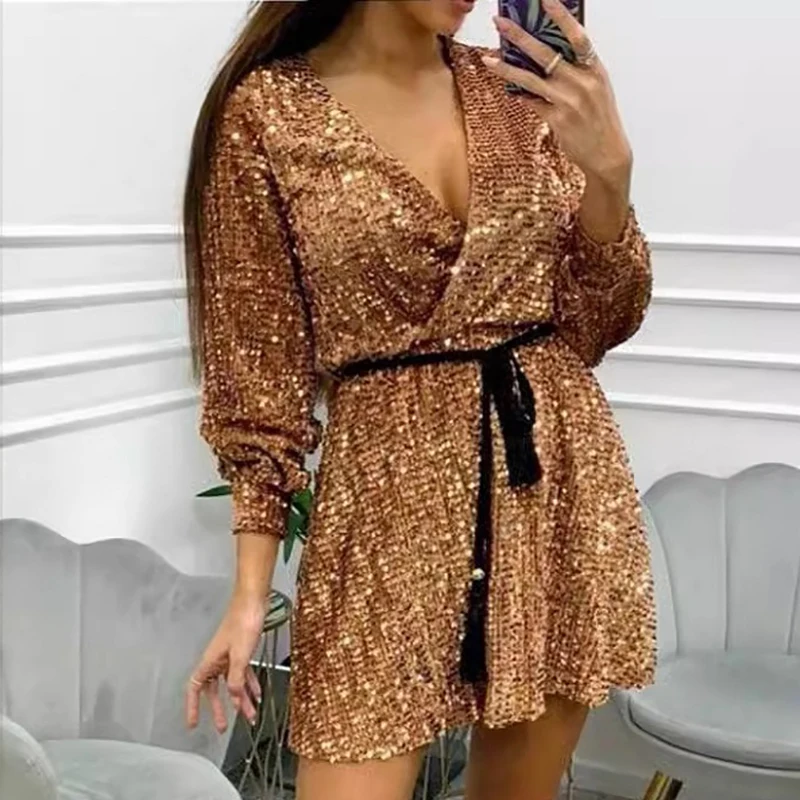 Fashion Glitter paillettes Sharkly Party Dress Womens Sexy Wrap scollo a V Lace-up Mini abito autunno inverno manica lunga a-line Boho Dress