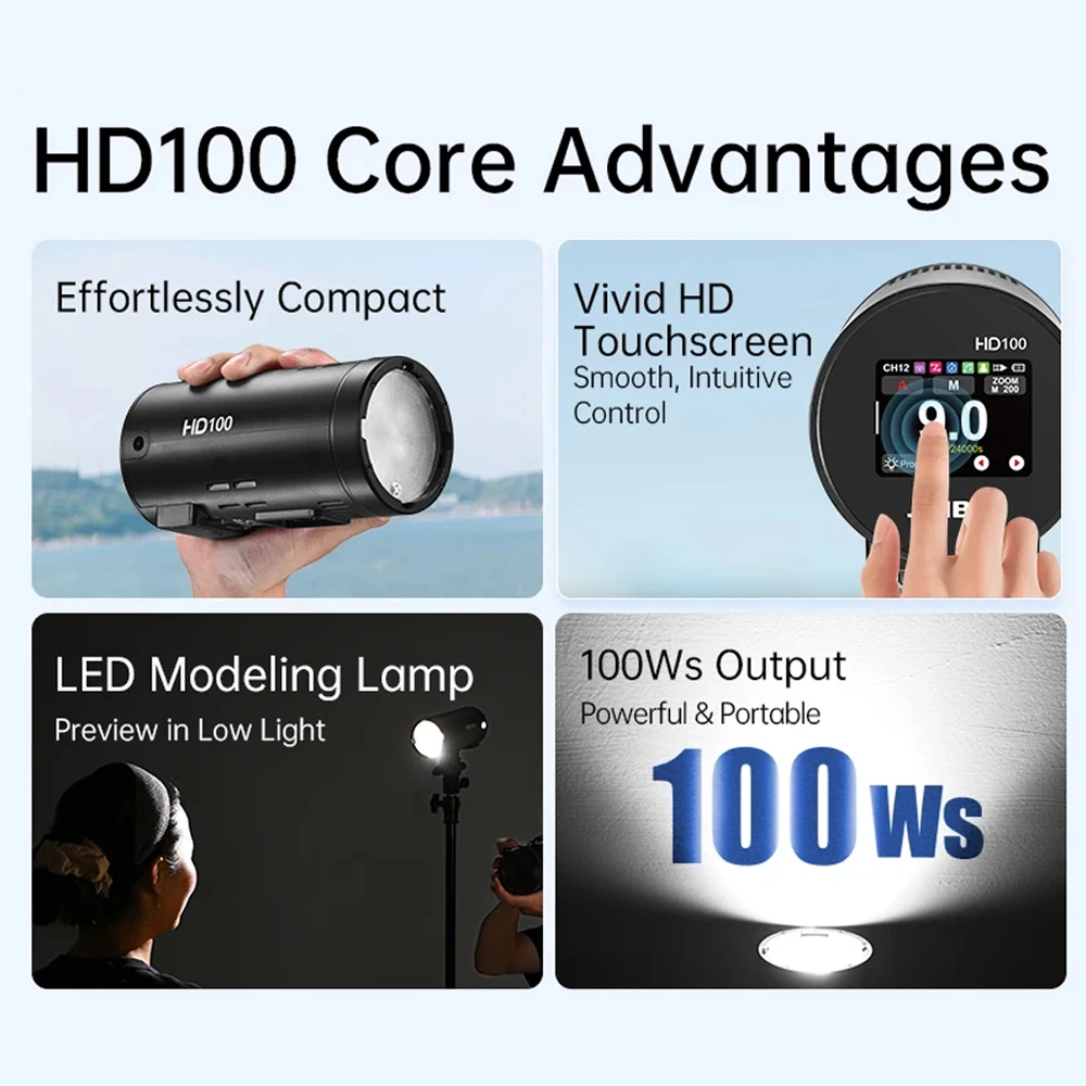 JINBEI HD100 100WS 2.4G Wireless HSS TTL Portable Outdoor Flash 0.01-1.6s Recycle Time compatible with HD-2 Plus Modifiers