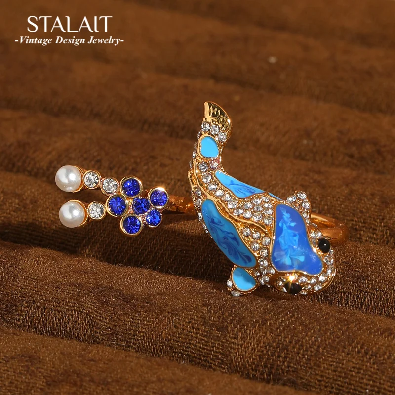 

﻿ Vintage Blue Enamel Ring Goldfish Pearl Rhinestone For Women Accessories Open Gold Plated Jewelry Luxury Designer 2025 Trends