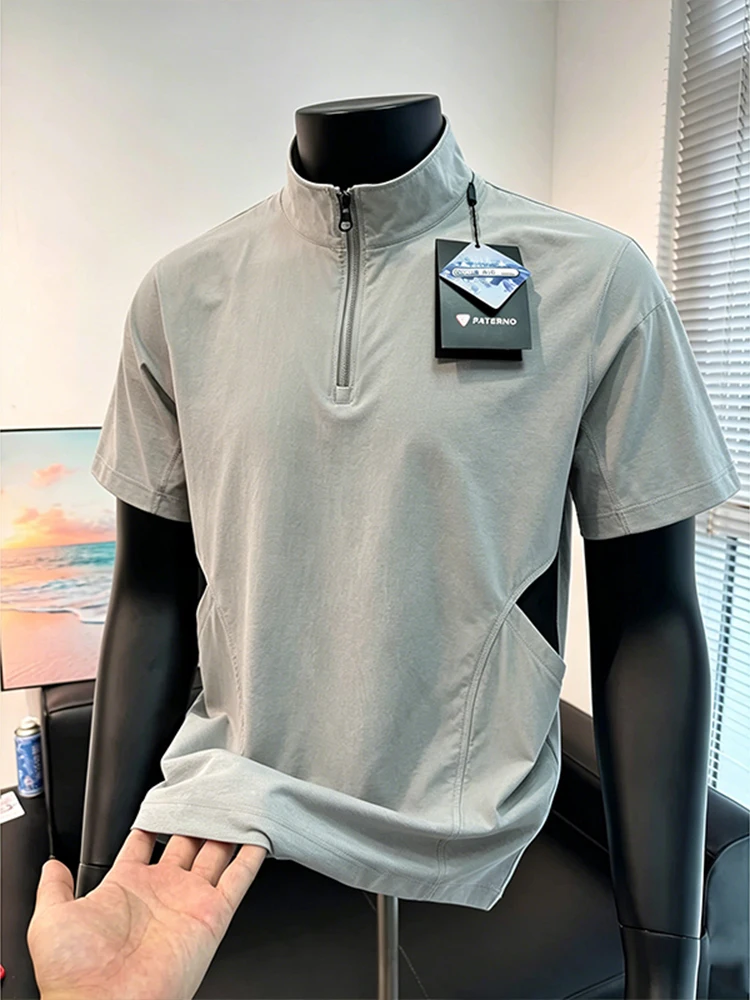 Ice Silk Quick Dry Short Sleeve T-Shirt Men's Summer Outdoor Fitness Sport Casual Stand Collar Color Block Large Size Half Sl...