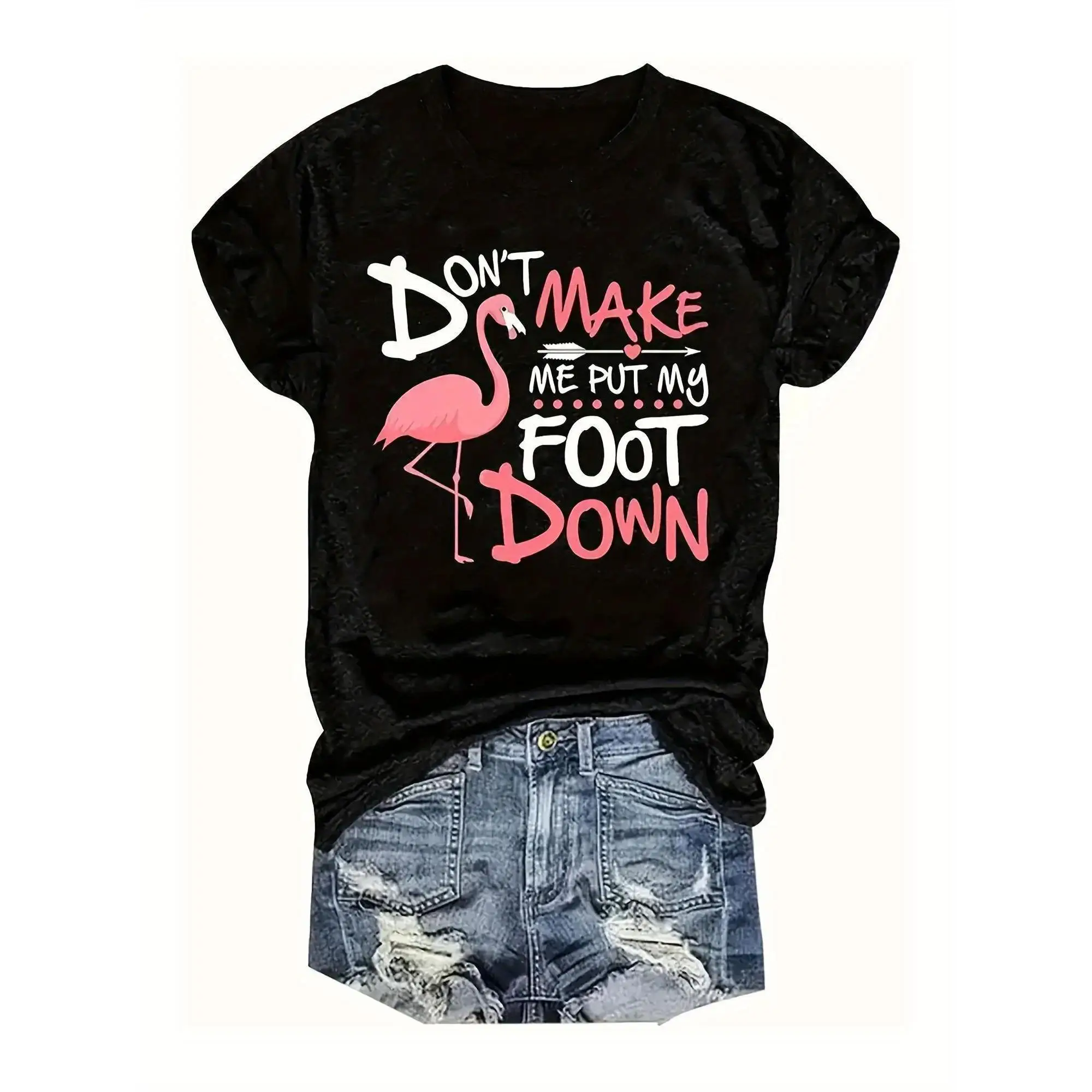 

Lightweight Playful Flamingo Graphic Tee Women'S Casual Black T-Shirt with Pink Lettering Short Sleeves, Round Neckline