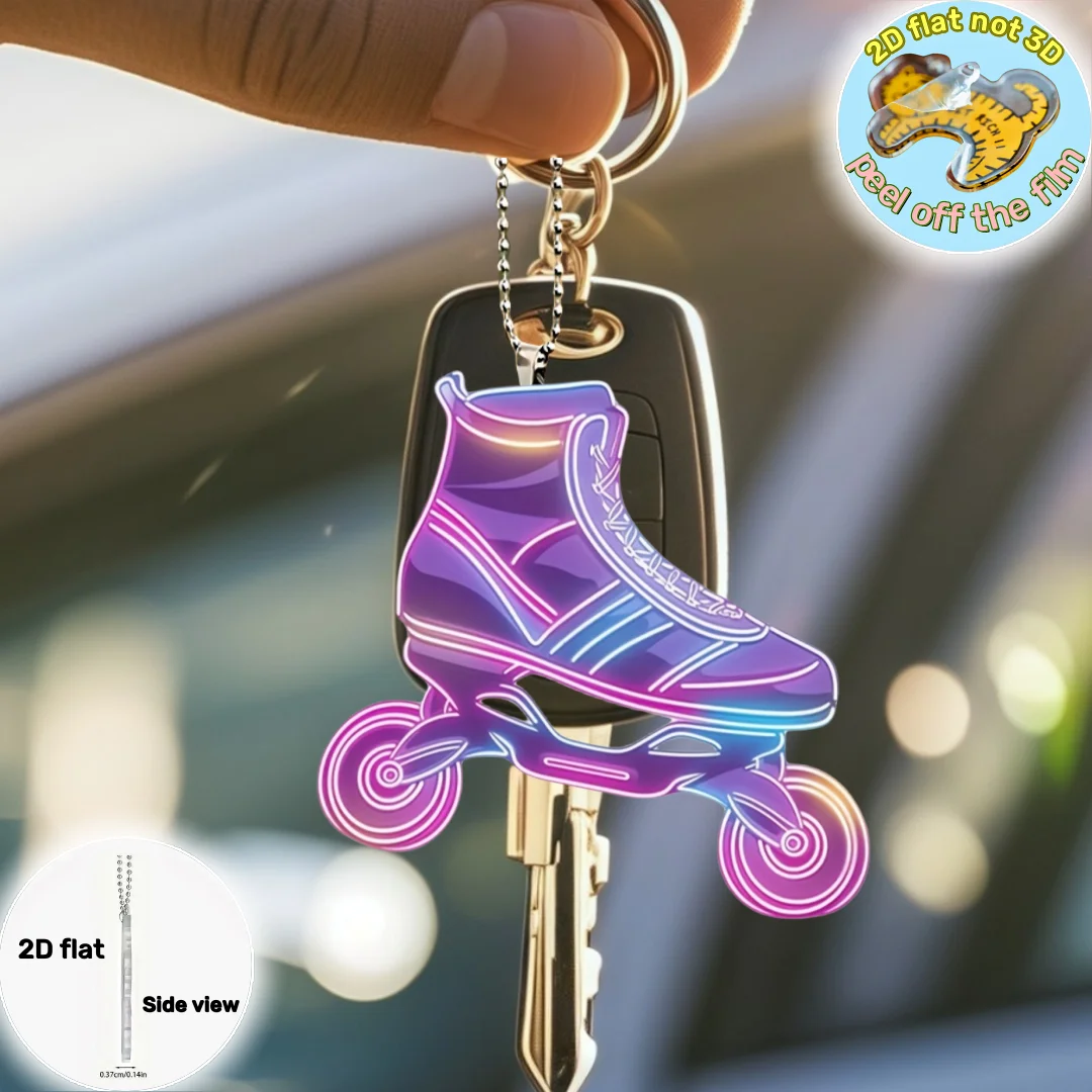 2D Neon Roller Skate Keychain Sports Theme Pendant Flat Acrylic Ornament Charm,Hanging Decoration for Car,Bag,Festive,Party,Gift