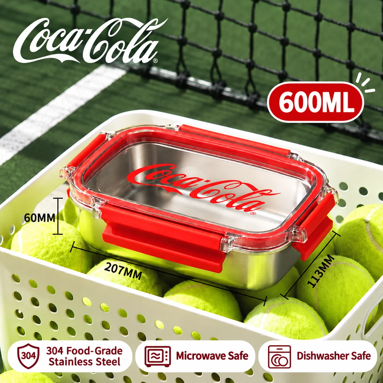 Coca Cola 304 roestvrijstalen lunchbox, lekvrij, makkelijk schoon te maken, draagbare bentobox voor kantoor, school, picknick, kamperen, kerstcadeaus