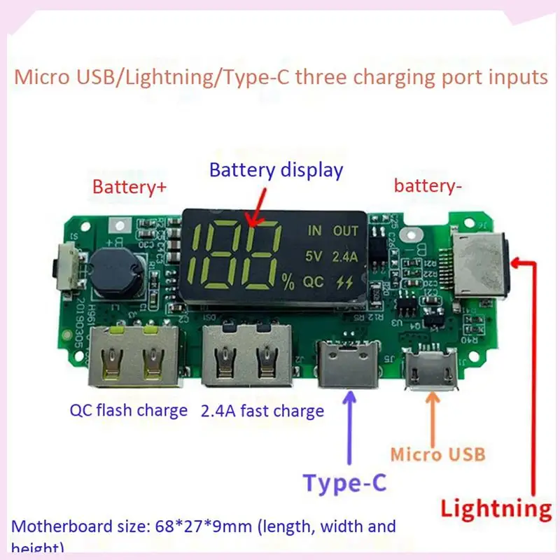 B24B LED Dual USB 5V 2.4A Micro/Type-C USB Mobile Power Bank 18650 Charging Module Lithium Battery Charger Board 4Pcs