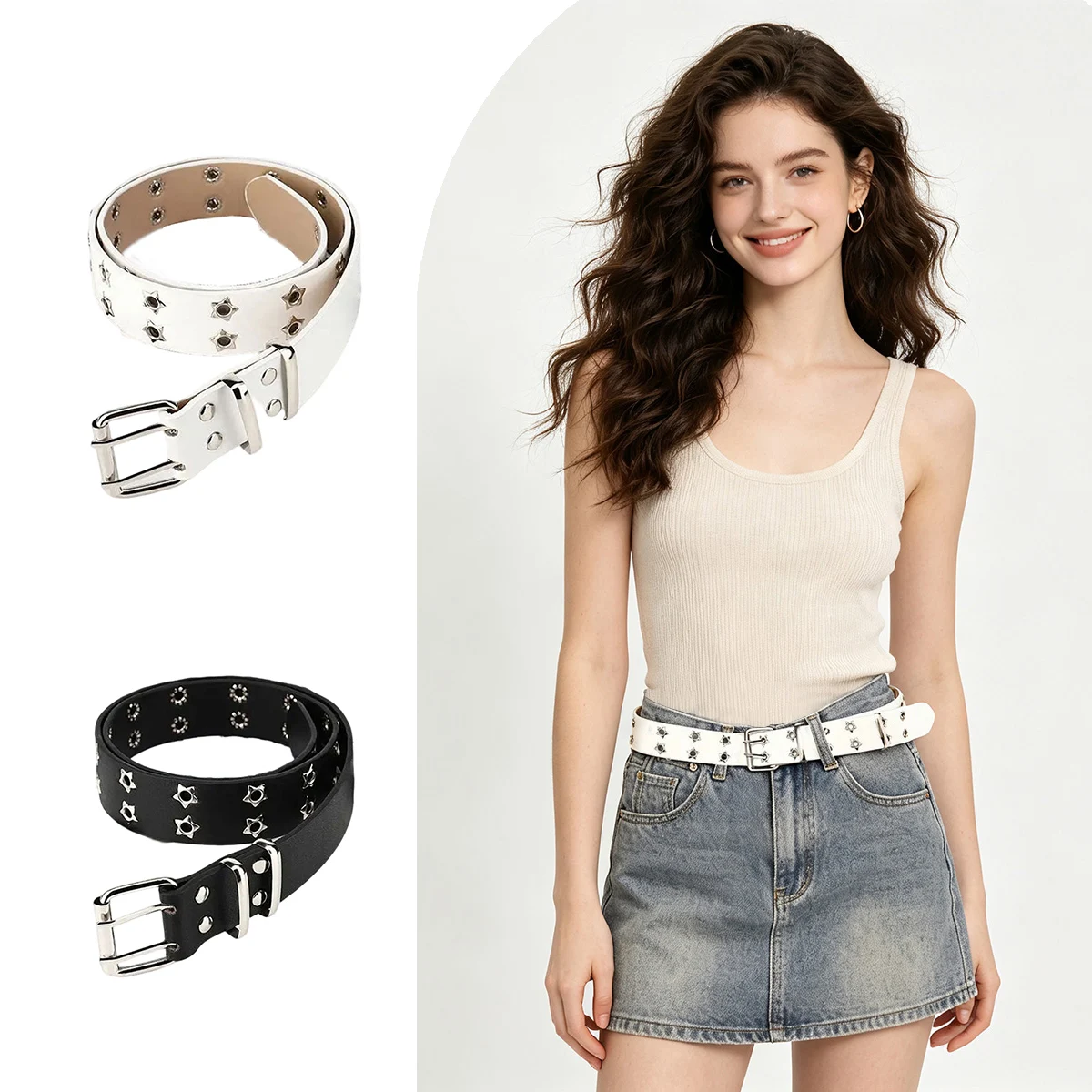 Women Gothic Star Rivet PU Leather Wide Belt, Double Pin Buckle Y2K Streetwear Waistband, Fashion Aesthetic Outfit Accessory