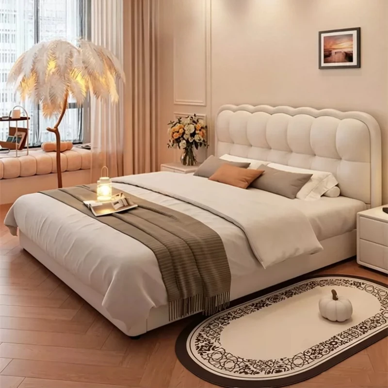 Italian Cream Ripple Puff Bed Master Bedroom Soft Upholstered Leather Queen Bed For Home Bedroom Interior Furnishing Decors