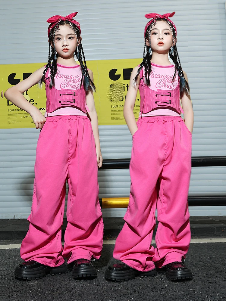 

2024 Children Hip Hop Dance Costumes For Girls Pink Vest Cargo Pants Streetwear Kids Modern Jazz Dance Stage Clothing DQS17079