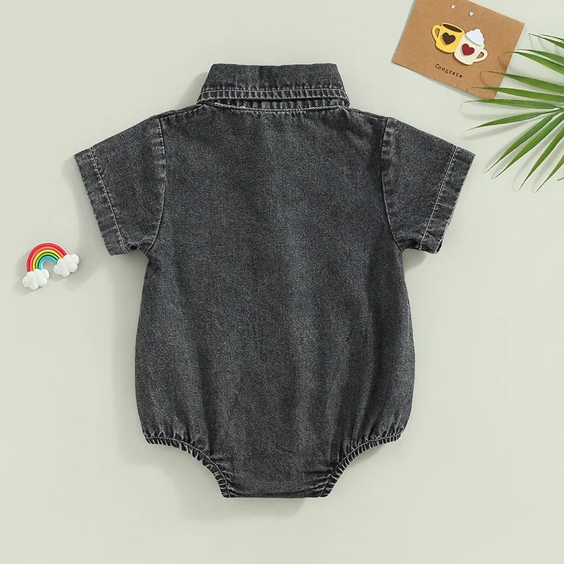 Infant Boys Girls Denim Romper Solid Color Short Sleeve Turn-Down Collar Baby Jumpsuits Summer Buttons Casual Jeans Bodysuits