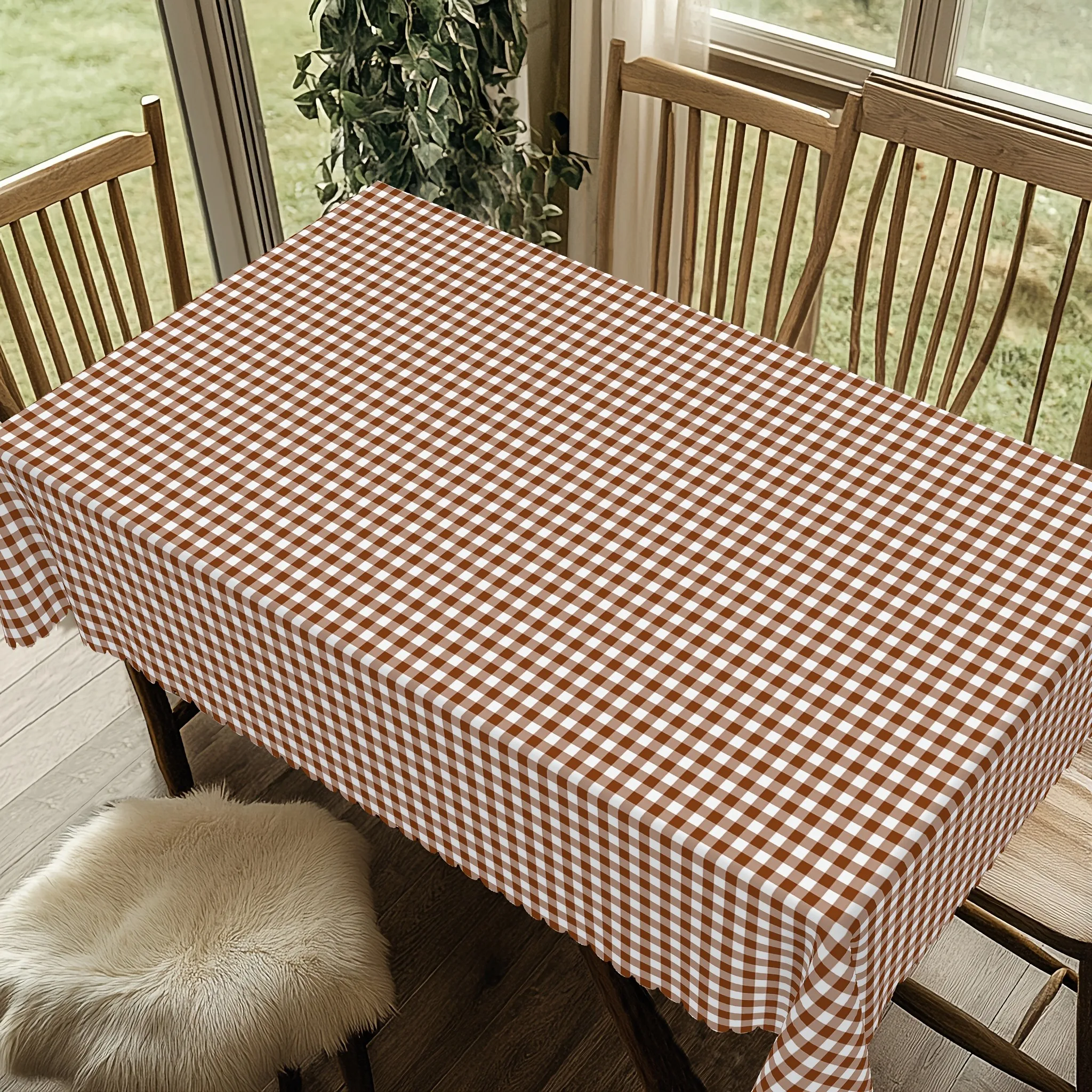 One tablecloth with a classic brown and white check pattern, made of easy-to-clean and durable polyester fiber.