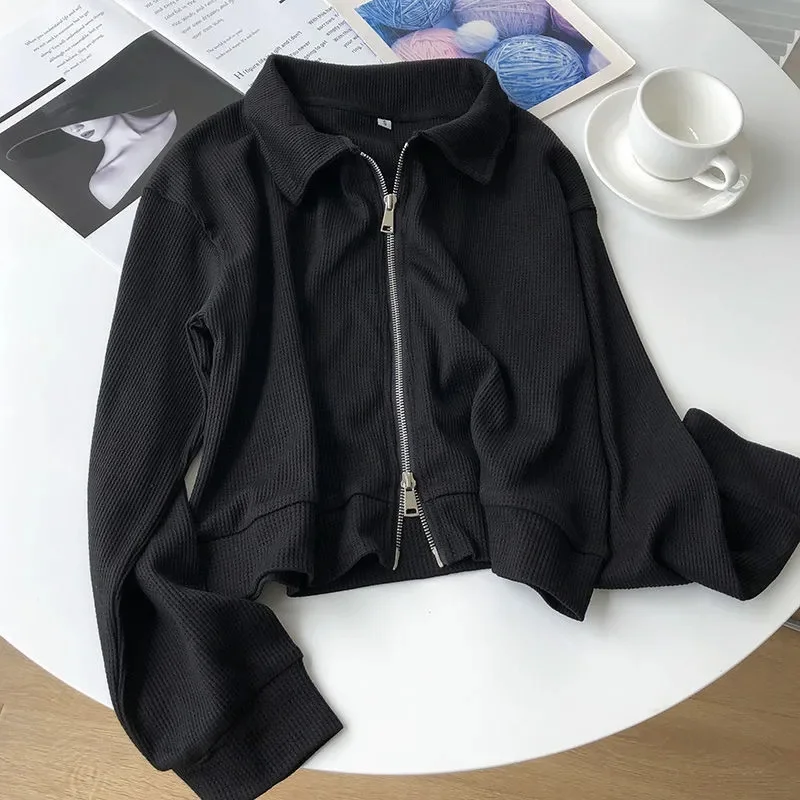 Waffle Sweater Women's Spring and Autumn Women's Loose Polo Neck Short Shoulder Slim Top Double Zipper Long Sleeve Coat P170