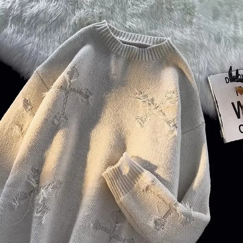 

Japanese Sle Teenager Autumn Winter Knitted Sweater Cross Hole Men's round Ne Overhead Trendy High Street American Retro