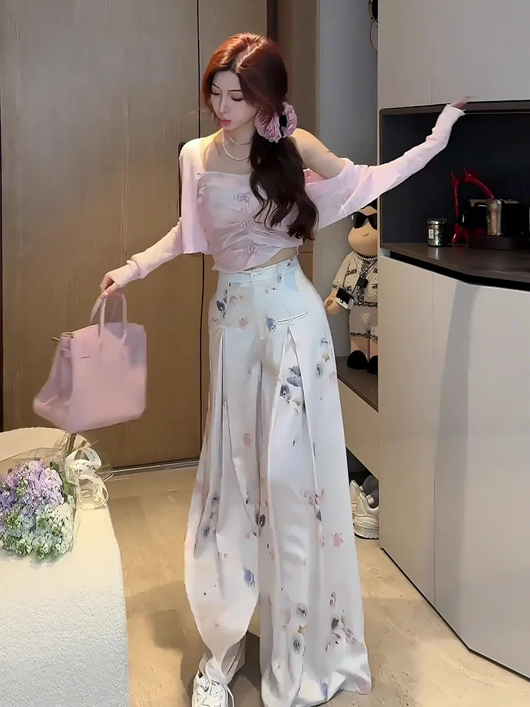 Nouveau chinois Sle aquarelle imprimé pantalon à jambes larges femmes taille haute minceur drapé pantalon décontracté été nouveauté