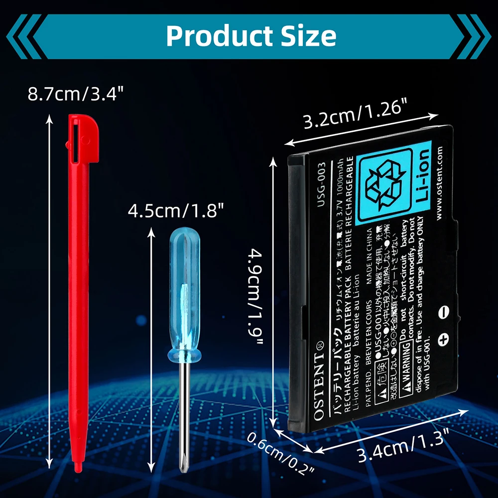Astent batteria ricaricabile da 2000mAh di ricambio per Kit batteria al litio Nintendo DS Lite NDSL + cacciavite + penna Touch