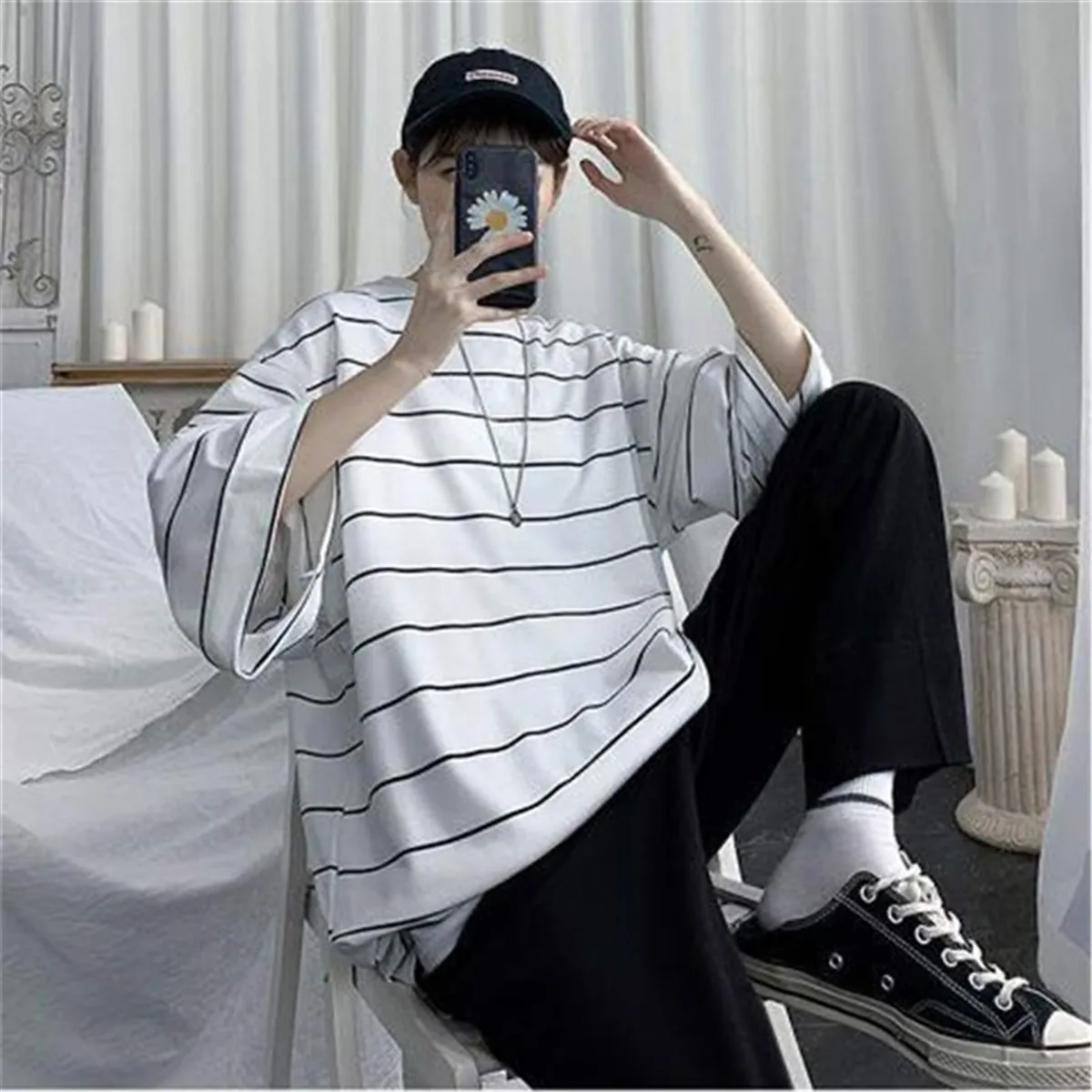 2026 Summer Oversized T-Shirt Men Funny Harajuku Tshirt Streetwear Femme Striped Japan Hip Hop Loose Half Sleeve T Shirts Male