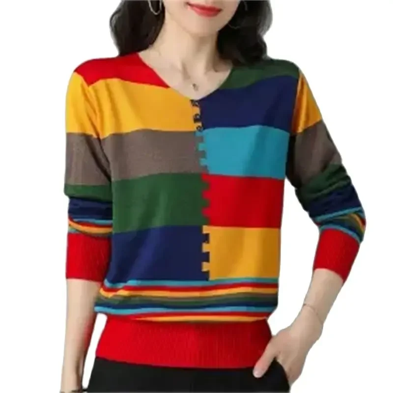 

Clearance Pick Up Leaks Foreign Trade Women Long-Sleeved Color-Blocking Thin Pullover Sweater Female Knitting Loose Top A34