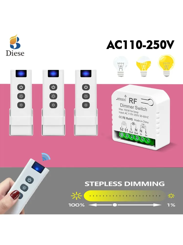Bezprzewodowy ściemniacz światła z regulacją jasności RF433MHz AC110V 220V, pilot zdalnego sterowania, 2-kierunkowy, do oświetlenia LED i halogenowego w domu. (1 Receiver 1 Remote) — Zdjęcie 2 z 2