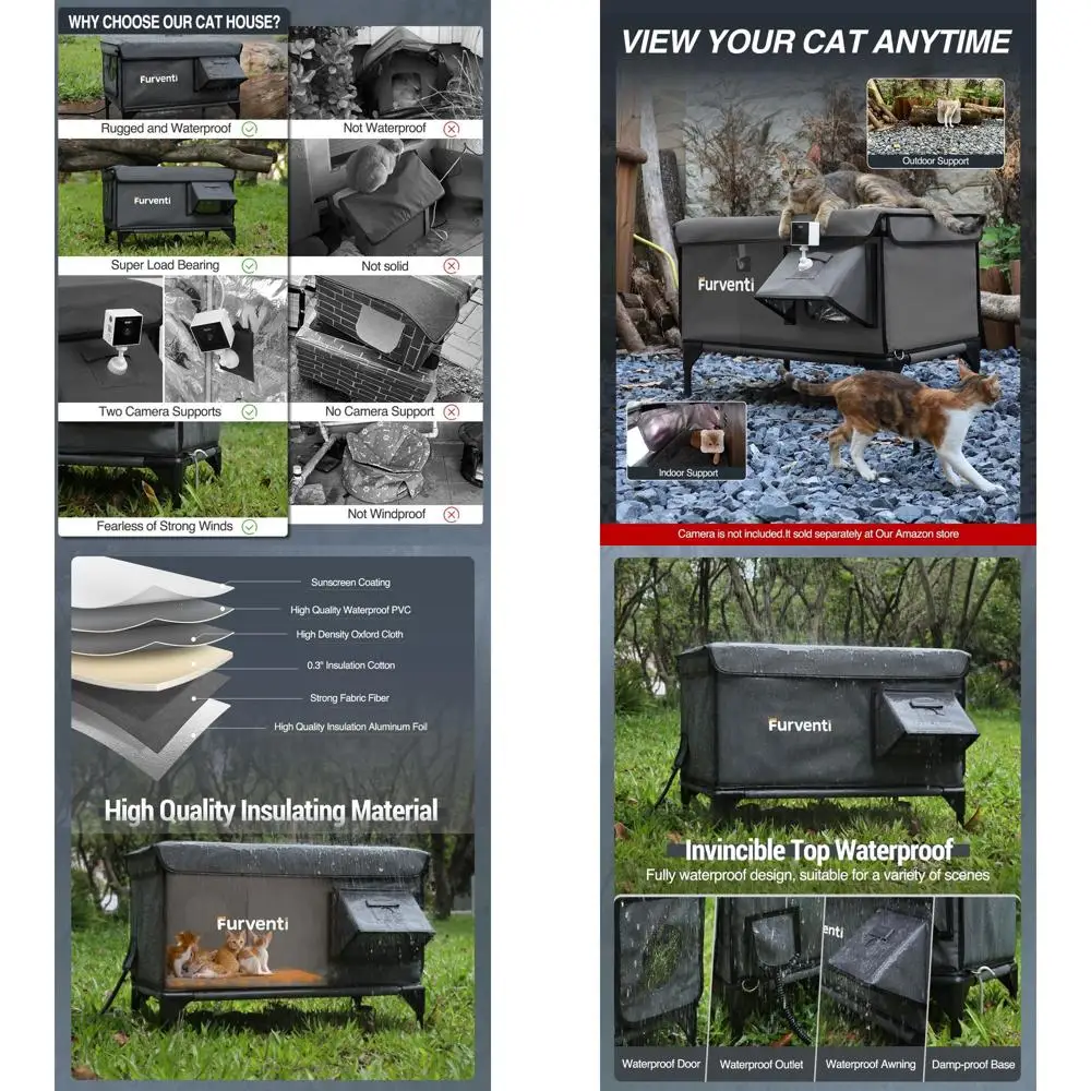 Abrigo para gatos externo isolado de inverno, à prova d'água e elevado, com porta de fuga para gatos vadios (cinza escuro, extra grande)