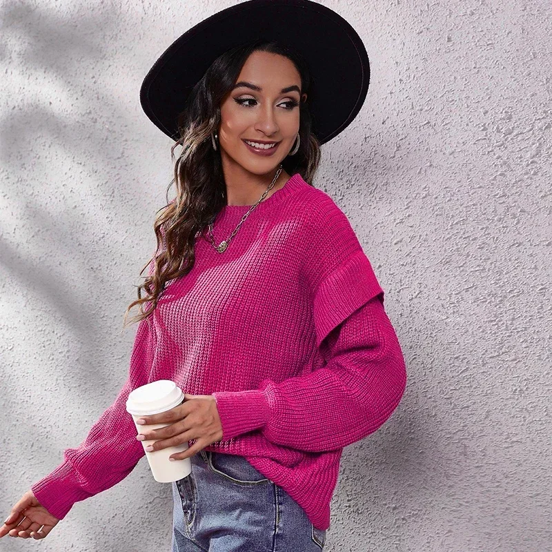 Ruffles Sweater Women Winter Sweater Long Sleeve Pullover Streetwear Casual O Neck Tops Female Chic Warm Hot Pink Knitted Jumper