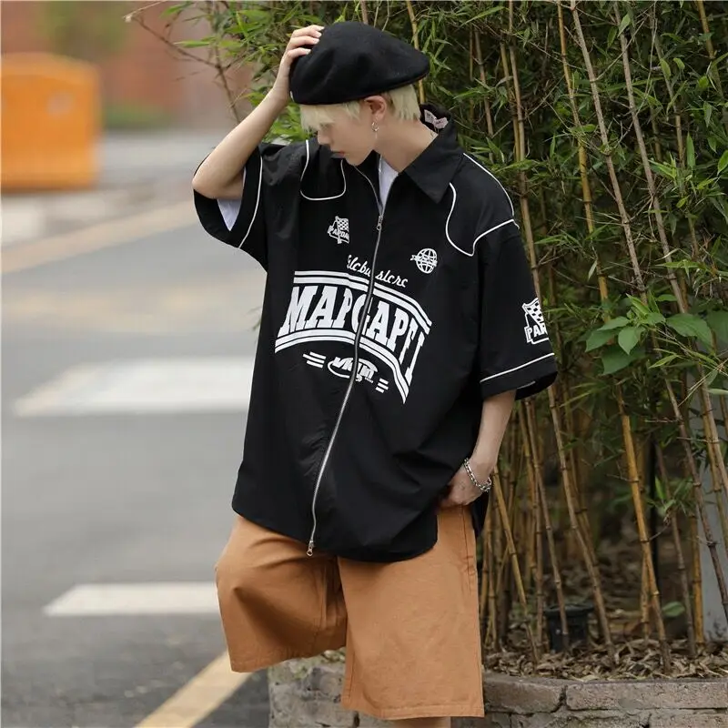 Trend Print Zipper Men Summer Blouse Shirts Ins Vibe Kpop Harajuku Chic Streetwear Moto Biker Punk Hip Hop Loose Dance Club Top