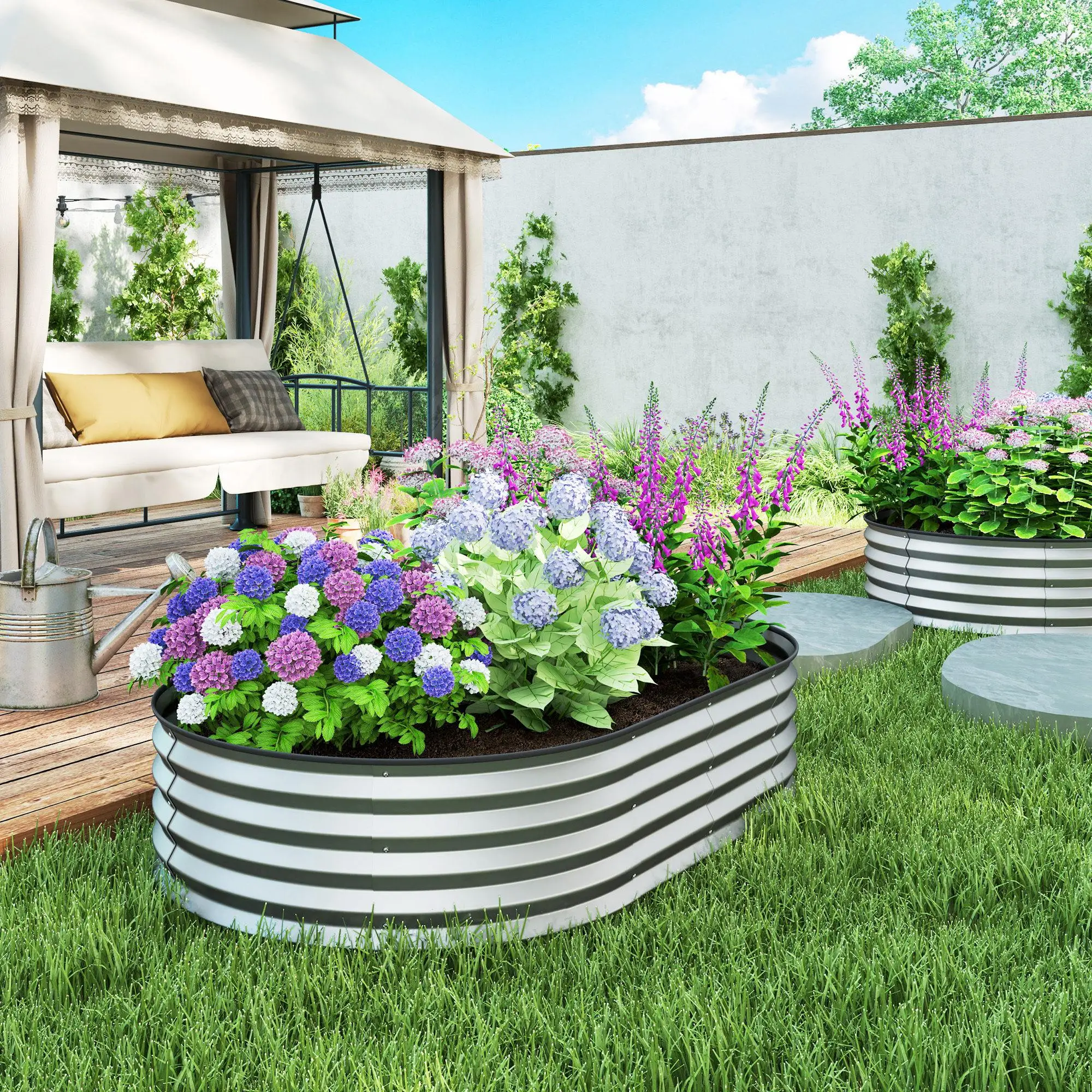 Lote de 2 Jardinieras Elevadas Galvanizadas de 152x91x30 cm con Soportes Metálicos y Junta de Goma Plateada