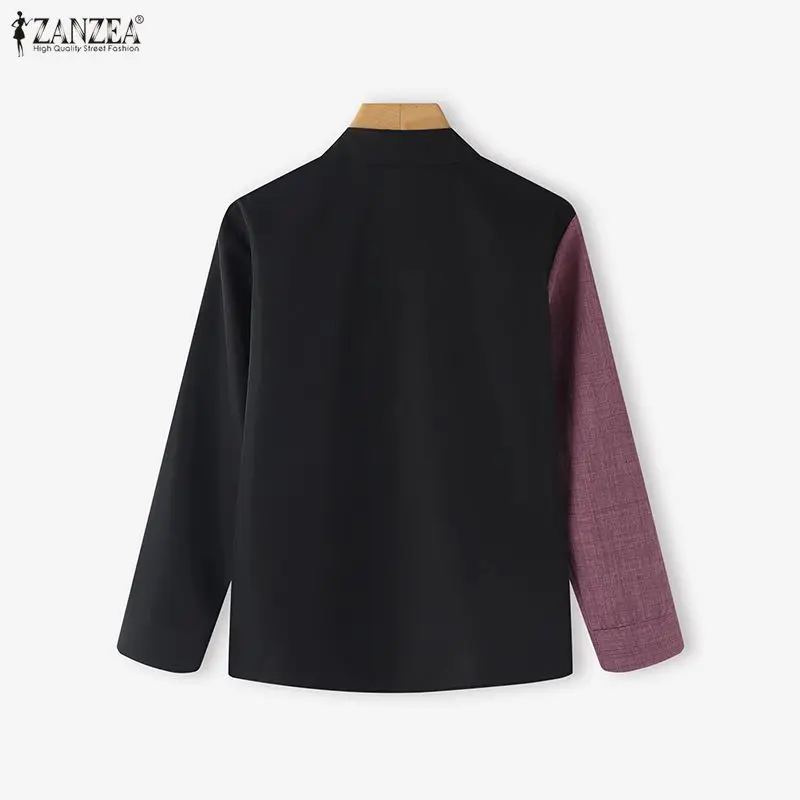 ZANZEA Vintage Shirts met lange mouwen Dames Casual Knoppen Mode Blouses 2026 Herfst Lente Kleur Patchwork Losse Oversized Blusas
