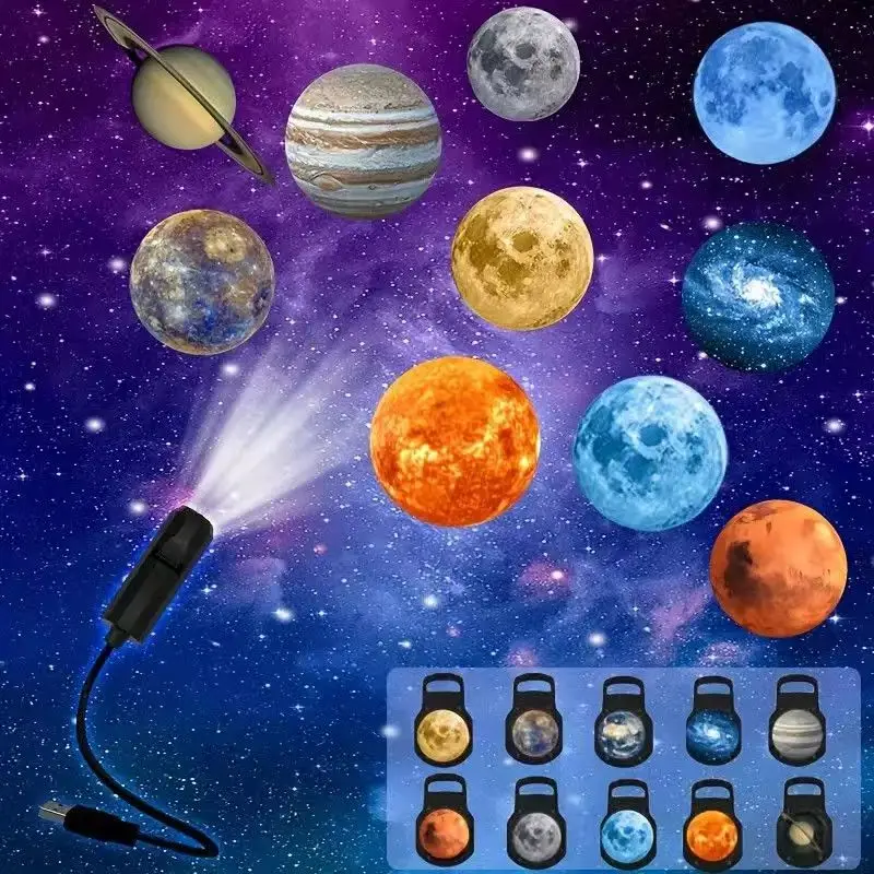 Solar System Planet Projector Lamp USB Flexible Gooseneck 10 Replaceable Discs Galaxy Starry Sky Night Light for Kids Bedroom Ca