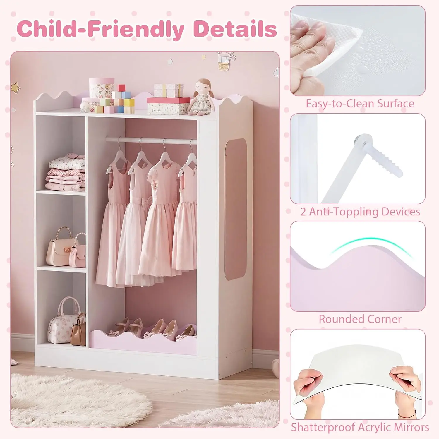 Storage Wardrobe with Mirror & Open Hanging Rack, Shelves Cabinet for Bedroom Playroom Preschool, Customized view 6