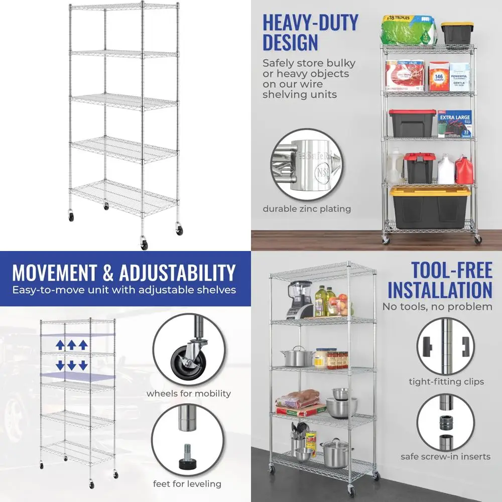 Heavy-Duty Zinc Steel Wire Storage Shelves with Wheels and Adjustable Feet for Garage and Baking Racks NSF Certified