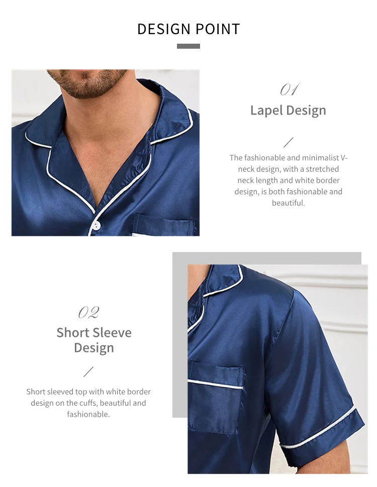 Herren-Pyjama-Set aus Satin, kurzärmelig, Sommer-Nachtwäsche für Herren, Button-Down-Hemd und Shorts mit elastischer Taille, Pyjama, Heimkleidung, 2-teilig – Detail 18