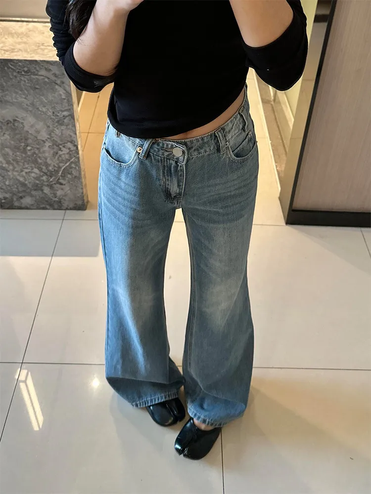 Women's High Waisted Micro Flared Jeans Summer Streets 90s Wide Legs Sweatpants Loose Trousers Female Fashion Blue Pants