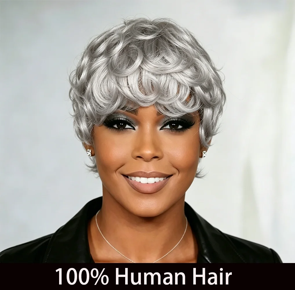 Women's Brazilian Human Hair Wig Natural Grey Pixie Cut with Bangs Machine Made Natural Curly Human Hair Short Grey Wig