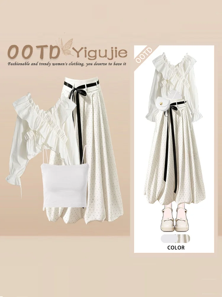 Sweet Style V-Neck Shirt And Polka Dot Half Skirt Set Women's Fashion Autumn Collection with Lace Hemline Three-Piece Set