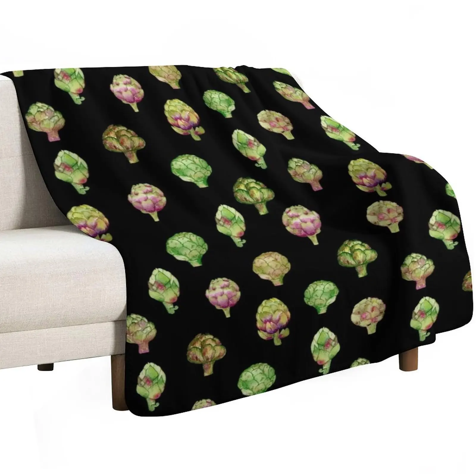 Artichoke on black watercolor pattern Throw Blanket for sofa Hairys Decorative Sofa Furry anime Hairy Blankets