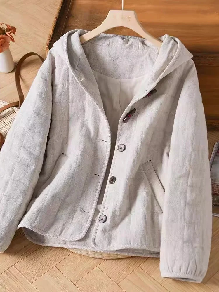 جاكيت نسائي شتوي فضفاض ودافئ من القطن والكتان بتصميم فني عتيق مع غطاء للرأس، معطف قطني طويل الأكمام بصف أزرار مزدوج