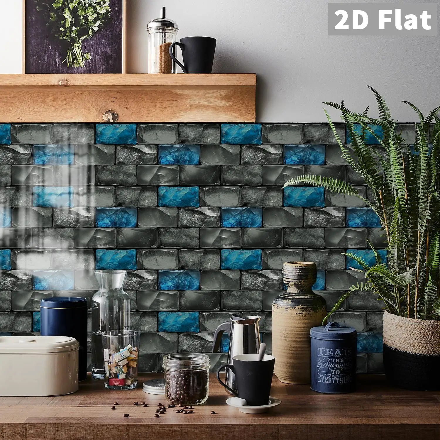 

Black gray stone brick blue glass tile sticker 2D three-dimensional texture indoor background wall sticker