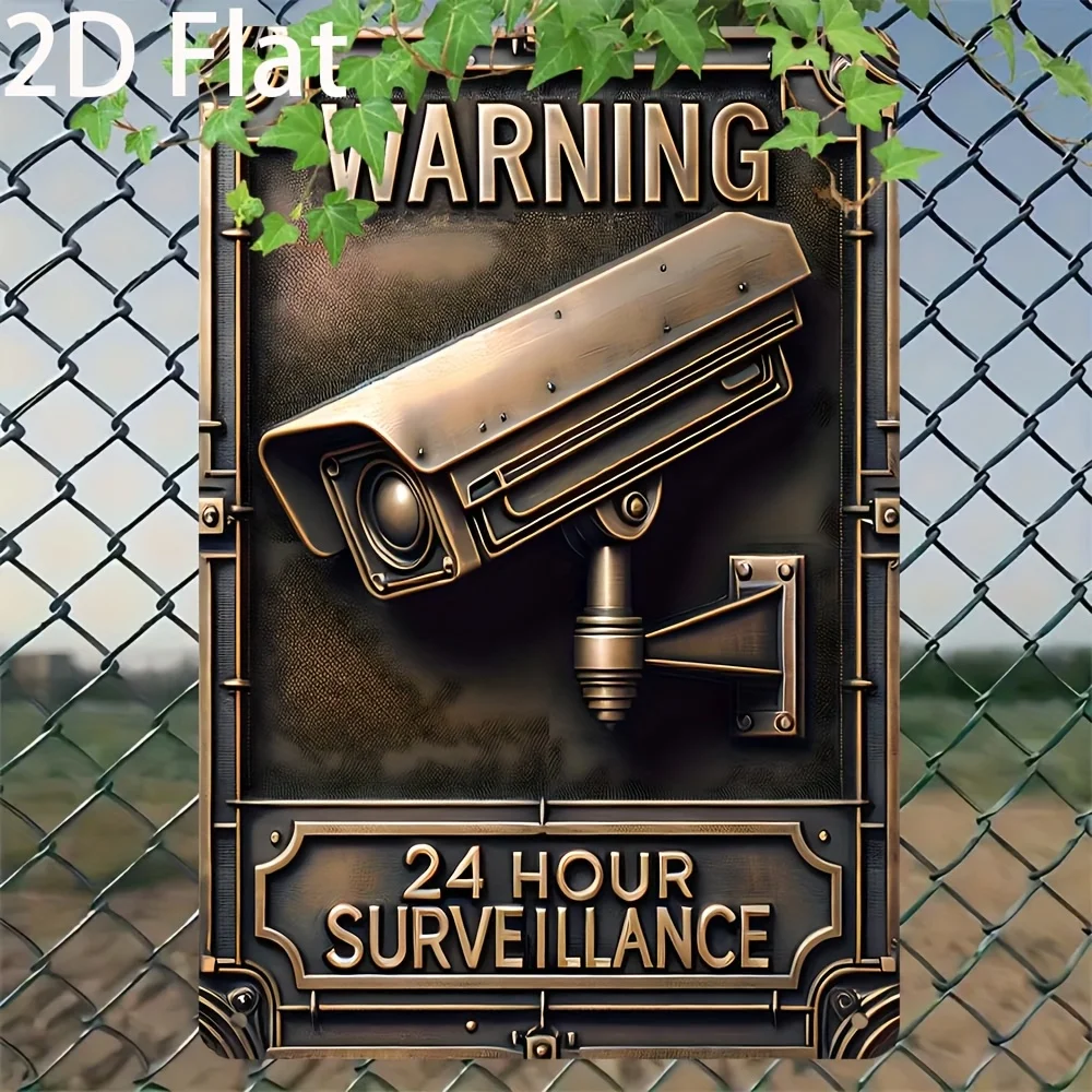 2D Flat, 2D Flat Vintage Metal Warning Sign - Decorative Iron Plaque, 24 Hour Surveillance, Wall Hanging, Multipurpose Decor for