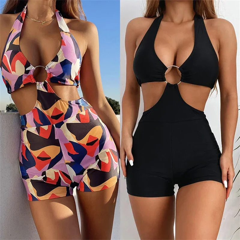 2024 Sexy One Piece Swimsuit Swimwear Women Black Colorful Print Halter High Waist Bathing Suit Beachwear Maillot De Bain Femme