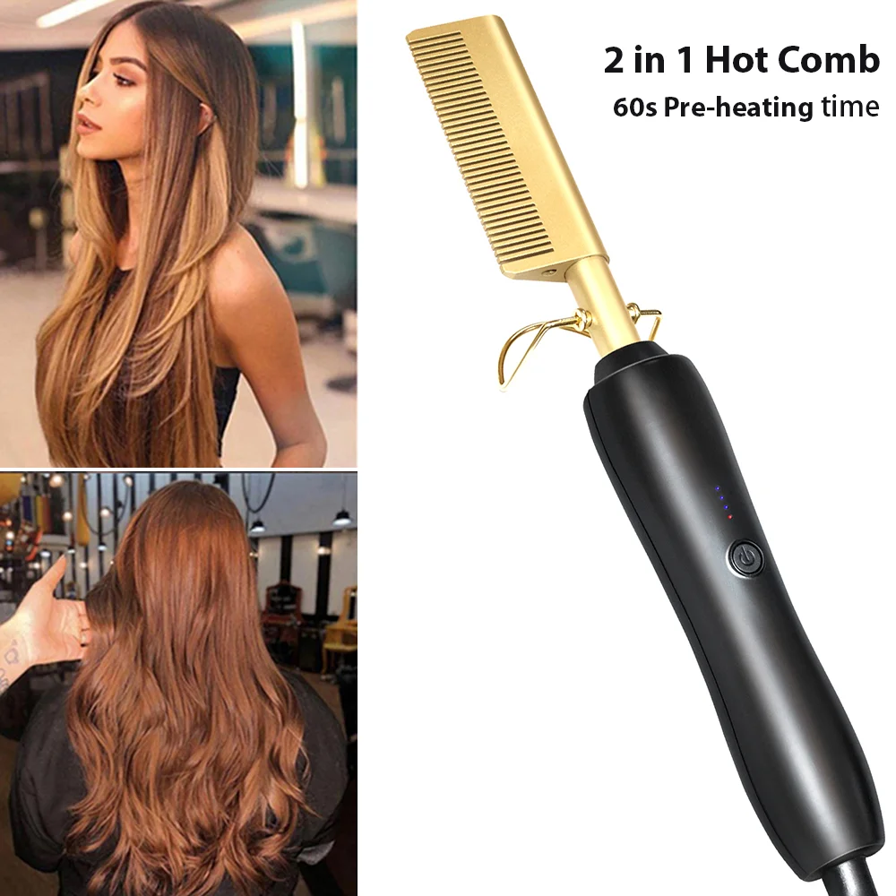 Heating Comb Straightener Electric Hot Comb Hair Straightener 2 in 1 Hair Iron Straightening Curling Iron Hair Styler